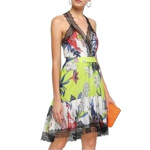 🎁HOLIDAY SPECIAL🎁JUST CAVALLI NWT Multicolor Floral Silk Dress W/Black Lace